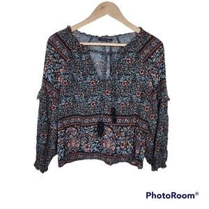 American Eagle Floral Boho Tassel Tie Front Peasant Style Blouse Top Sz XS